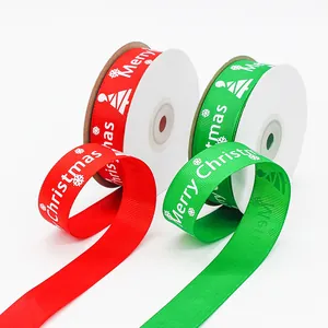 Classic red and green Merry Christmas grosgrain ribbons with tree and snowflake patterns