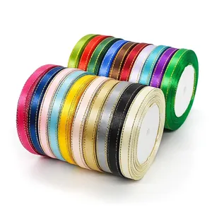 Narrow Gold Edge Polyester Satin Ribbon Long Roll Metallic Glitter Ribbons For Gift Wrapping Wedding Party DIY Craft Decoration