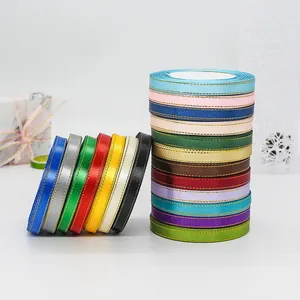 Bulk set of 1cm satin ribbons with gold edges in various colors for gift wrapping