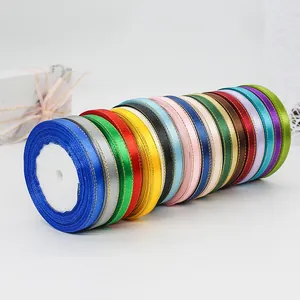Colorful 1cm satin ribbons with gold metallic edges for gift wrapping and DIY crafts