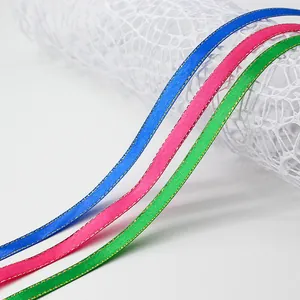 1cm satin ribbons in blue pink green with gold metallic edges for gift wrapping