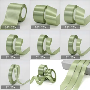 Sage green satin ribbon roll assortment in various widths for gift packaging decor