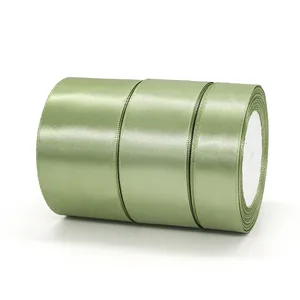 Three rolls of sage green satin ribbon for gift wrapping and floral decoration crafts