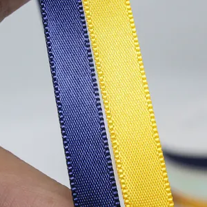 10mm navy blue and bright yellow satin ribbon with decorative trim for gift wrapping
