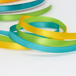 1cm high-density polyester satin ribbons in yellow, green and blue for gift wrapping