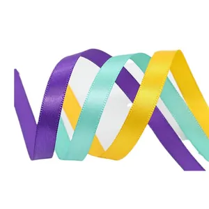 Three rolls of 1cm premium satin polyester ribbons in purple, cyan, and yellow for gift wrap