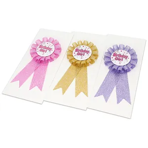 Lot de 3 badges rubans brillants Birthday Girl en rose doré et violet étincelant