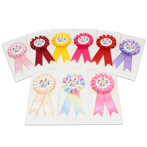 Set of 9 colorful birthday rosettes with award ribbons and Happy Birthday print
