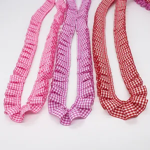 2.5cm plaid ruffled ribbon in pink, purple and red colors for DIY garment sewing