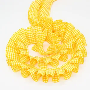 2.5cm yellow plaid ruffled lace ribbon with pleated check pattern for DIY sewing