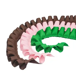 Brown pink and green 2.5cm ruffled ribbed ribbon for DIY clothing and crafts decoration