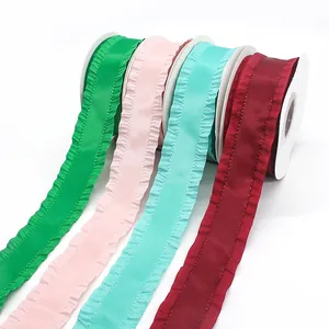 4cm polyester pleated ruffled ribbon in four colors for floral gift packaging and DIY crafts