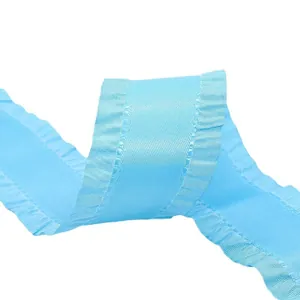Light blue pleated satin ribbon with ruffled edges for gift wrapping and DIY crafts