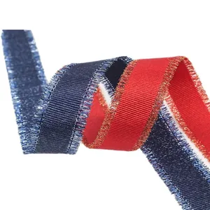 Marineblaue und rote Rippbänder mit metallischer Fransenkante für Geschenkverpackungen