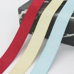 Glittery 2cm silver-weft ribbons in red gold and blue for gift box wrapping