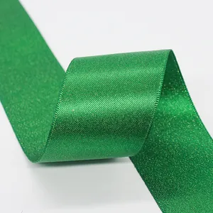 Deep green 4cm satin ribbon with golden shimmer for gift box packaging and floral bows
