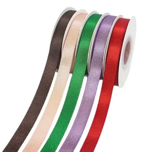 Set of 1.5cm multi-color satin ribbons in brown, gold, green, purple, and red for gift wrapping