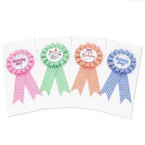 Gingham Birthday Rosette Badge Award Ribbon Tinplate Brooch For Boys Girls Party Decoration Favors