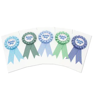 5-pack Gingham Ribbon Birthday Boy Rosette Badges in blue and green plaid styles