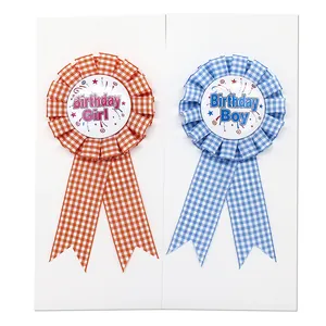 Pink and blue plaid birthday rosettes for girls and boys with display cards