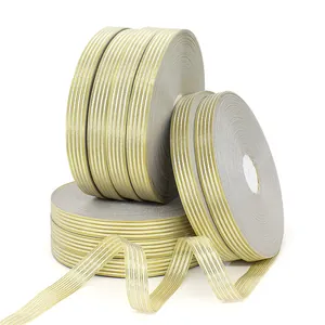 1.5cm gold striped satin ribbon rolls for gift wrapping and DIY bows on white background