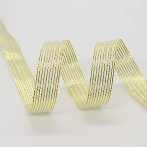 Elegant white satin ribbon with gold metallic stripes for luxury gift wrapping and DIY crafts