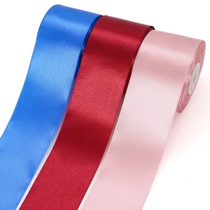 5cm wide satin polyester ribbons in blue red and pink for gift wrapping and wedding decor