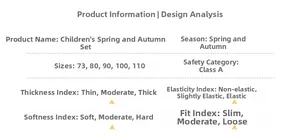 Size chart and A-class safety specifications for toddler cartoon overall set
