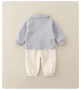 Back view of toddlers gray long sleeve top and beige joggers cotton two-piece set