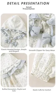 Detail presentation of floral baby hoodie with lace trim, bow, and resin zipper