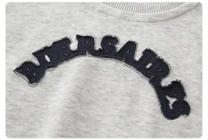Detail of light gray sweatshirt featuring rib-knit collar and blue felt applique embroidery