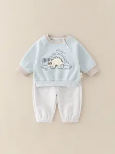 Completo neonato in cotone con felpa blu a dinosauro e pantaloni grigi