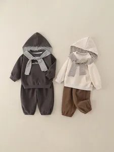 Children Striped Hooded Sweatshirt And Jogger Pants Outfit Casual Korean Cotton Top And Bottom For Boys And Girls Trendy Scarf Decor