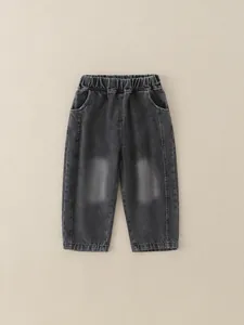 Boys dark gray washed denim jeans with elastic waistband and straight leg fit