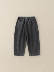 Boys' dark grey straight jeans with elastic waistband and washed denim fabric texture