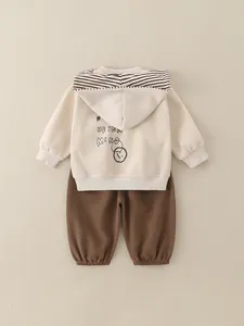 Kids spring striped hoodie set with smile print and brown joggers in cotton