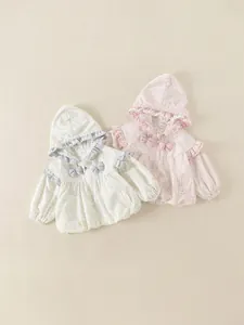Girls Hooded Jacket Floral Print Heart Pattern Zip Up Coat With Lace Trim And Bow Cute Spring Outerwear For Toddler Kids