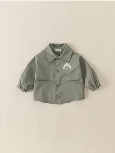 Veste Décontractée pour Garçons Vert Sauge Avec Col à Revers Simple Boutonnage Coupe-vent Avec Imprimé Montagne Et Broderie Au Dos Manteau Printemps Automne