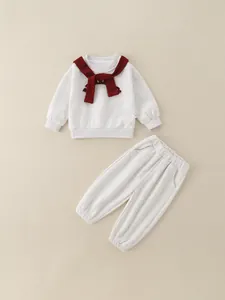 Kids casual light grey two-piece tracksuit set with crewneck sweatshirt and joggers