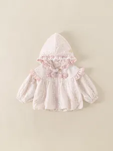 Pink hooded jacket for toddler girls with floral print and decorative ruffle details