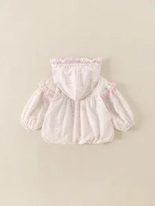 Cute pink floral hooded jacket for baby girls with delicate lace trim and ruffles