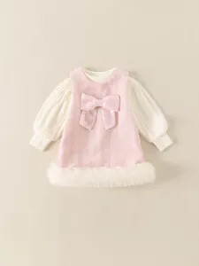 Vestido de tweed rosa para niña con lazo brillante y dobladillo de tul plumado