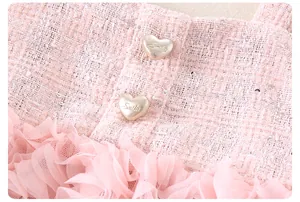 Detail eines rosa Tweed-Mädchenkleids mit silbernen Pailletten und Herzknöpfen