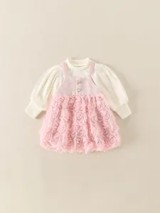 Mädchen Süßes Rosa Outfit Mit Geripptem Langarm Oberteil Und 3D Rosen Mesh Kleid Elegante Kleinkind Prinzessin Kleidung