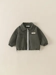 Boys Polyester Plaid Jacket Spring Autumn Long Sleeve Turn Down Collar Zip Up Outerwear With Letter Print Drawstring Hem Toddler Kids Fashion Coat