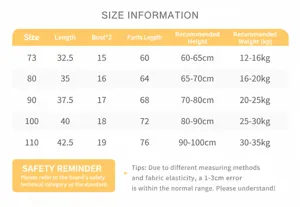 Detailed size chart for baby boy cartoon overalls set showing measurements for ages 73-110