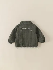 Boy's green plaid jacket with back print and adjustable drawstring hem, Korean style