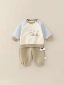 Ensemble Décontracté pour Petits Garçons en Coton avec Sweatshirt et Pantalon Patchwork Chiot pour Printemps Automne