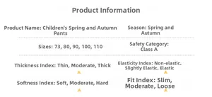 Detailed size chart for girls toddler casual pants showing specs and Class A safety standards