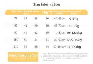 Size information chart for toddler casual jogger pants with height and weight guide